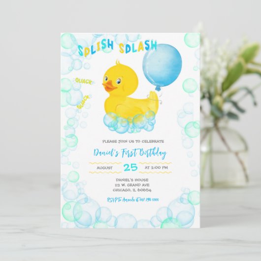 RUBBER DUCK Boy First Birthday Invitation Kaart (Staand voorkant)
