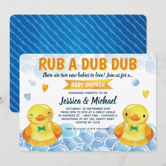 Rubber Duck Boys Twins Baby shower Kaart (Voorkant / Achterkant)