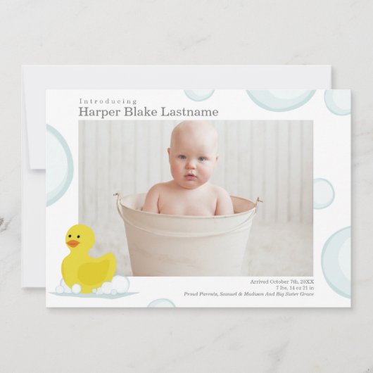 Rubber Duck Bubbles Birth Stats Baby Foto Birth Bi Aankondiging (Voorkant)