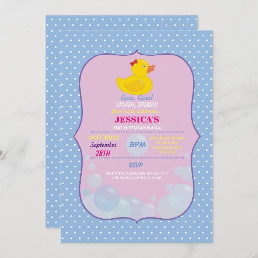 Rubber Duck Ducky Bubble Birthday Party Invite Kaart (Voorkant / Achterkant)