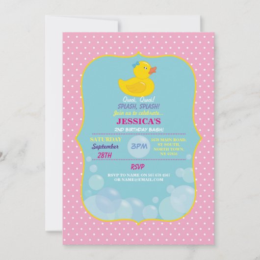 Rubber Duck Ducky Bubble Birthday Party Invite Kaart (Voorkant)