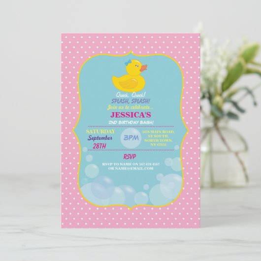 Rubber Duck Ducky Bubble Birthday Party Invite Kaart (Staand voorkant)