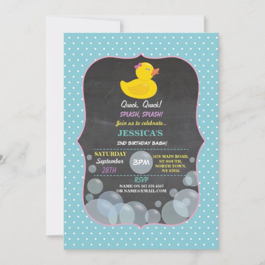 Rubber Duck Ducky Bubble Birthday Party Invite Kaart (Voorkant)