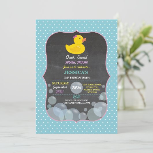 Rubber Duck Ducky Bubble Birthday Party Invite Kaart (Staand voorkant)
