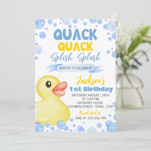 Rubber Duck Een 1e Verjaardag uitnodiging (Staand voorkant)