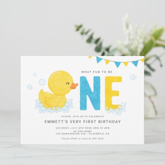 Rubber Duck Eerste verjaardag Blauwe Geel Kaart (Staand voorkant)