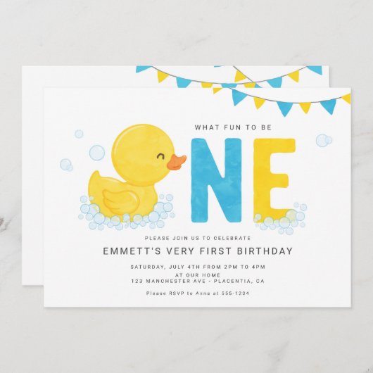 Rubber Duck Eerste verjaardag Blauwe Geel Kaart (Voorkant / Achterkant)