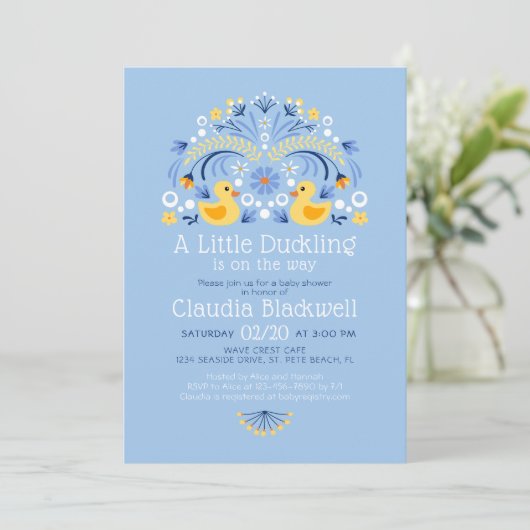 Rubber Duck Folk Art Baby shower Uitnodiging (Staand voorkant)
