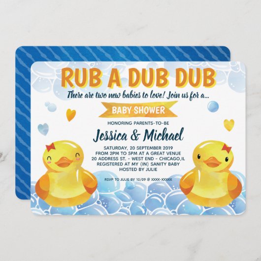 Rubber Duck Girls Twins Baby shower Kaart (Voorkant / Achterkant)