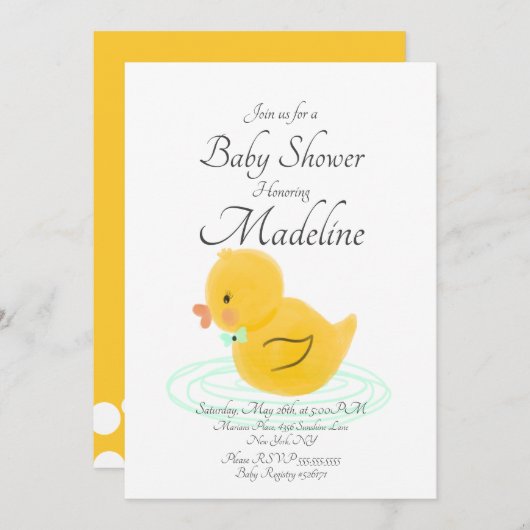 Rubber Duck Hand Drawn Baby shower Invitation Kaart (Voorkant / Achterkant)
