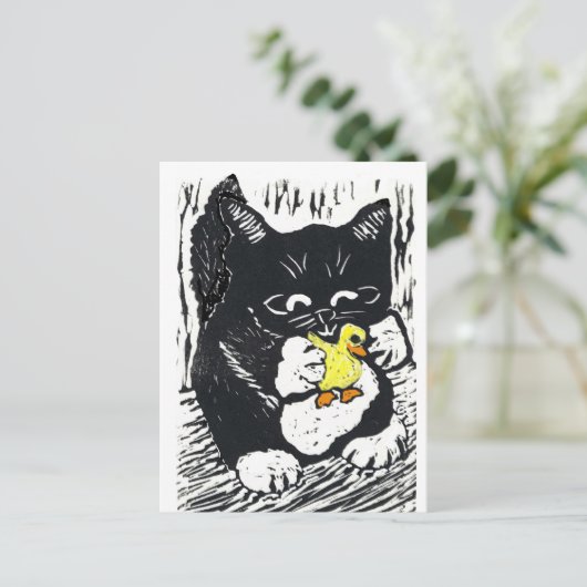 Rubber Duck & Kitten, blokdruk Briefkaart (Staand voorkant)