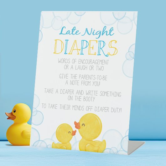 Rubber Duck Late Night Diapers Advice Baby shower Reclamebord Met Voetstuk