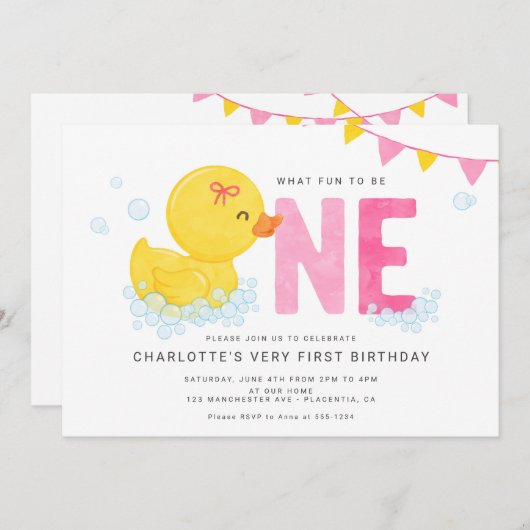 Rubber Duck Meisje Eerste Verjaardagsfeestje Roze  Kaart (Voorkant / Achterkant)