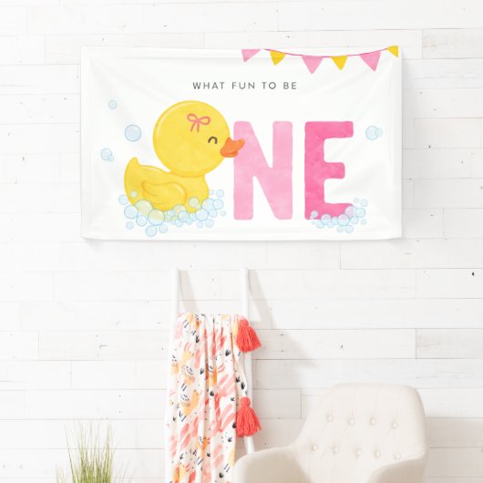 Rubber Duck Meisje Eerste Verjaardagsfeestje Roze  Spandoek (Insitu)