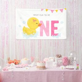 Rubber Duck Meisje Eerste Verjaardagsfeestje Roze  Spandoek