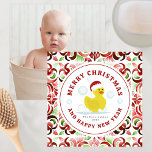 Rubber Duck Santa Christmas Waterverf Foto Kaart<br><div class="desc">Illustratie van een gele rubberen eend met een kerstmuts omringd door bubbels. De achtergrond is rood en groen waterverf. Personaliseer de achterkant met je foto op de achterkant.</div>