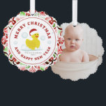 Rubber Duck Santa Christmas Waterverf Foto Ornament Kaart<br><div class="desc">Illustratie van een gele rubberen eend met een kerstmuts omringd door bubbels. De achtergrond is rood en groen waterverf. Personaliseer de achterkant met je foto op de achterkant.</div>