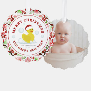 Rubber Duck Santa Christmas Waterverf Foto Ornament Kaart