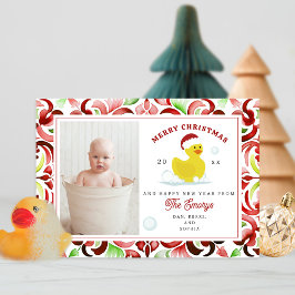 Rubber Duck Santa Waterverf Kerstmis Foto Feestdagenkaart