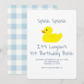 Rubber Duck Stripe First Birthday Party Invitation Kaart (Voorkant / Achterkant)