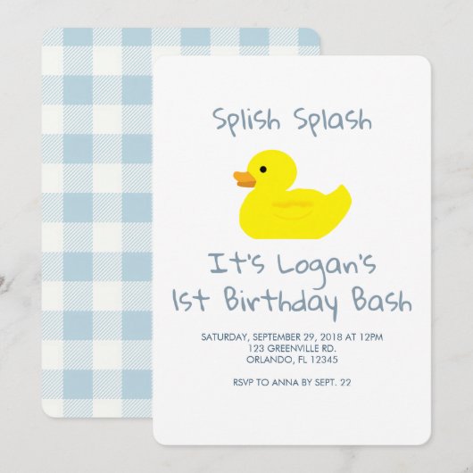 Rubber Duck Stripe First Birthday Party Invitation Kaart (Voorkant / Achterkant)