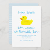 Rubber Duck Stripe First Birthday Party Invitation Kaart (Voorkant / Achterkant)