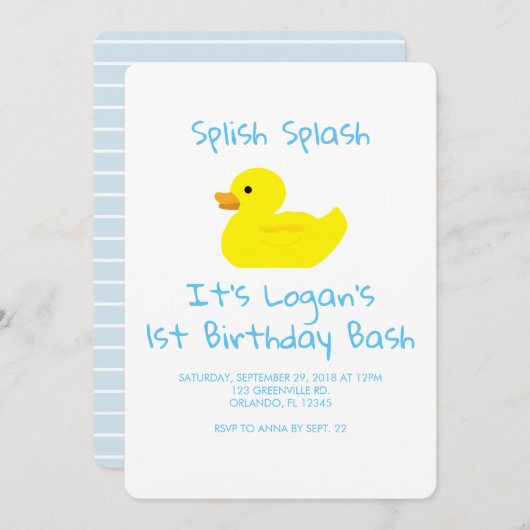 Rubber Duck Stripe First Birthday Party Invitation Kaart (Voorkant / Achterkant)