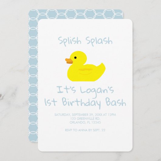 Rubber Duck Stripe First Birthday Party Invitation Kaart (Voorkant / Achterkant)