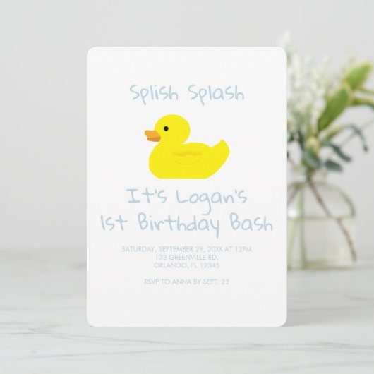 Rubber Duck Stripe First Birthday Party Invitation Kaart (Staand voorkant)