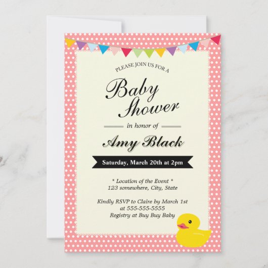 Rubber Duck Sweet Stippen Roze Baby shower Uitnodi Kaart (Voorkant)