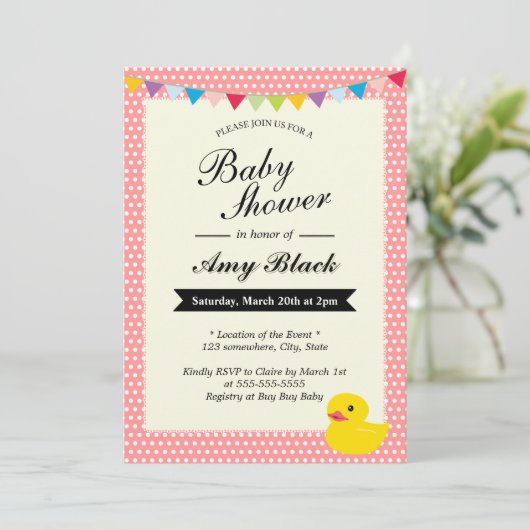 Rubber Duck Sweet Stippen Roze Baby shower Uitnodi Kaart (Staand voorkant)