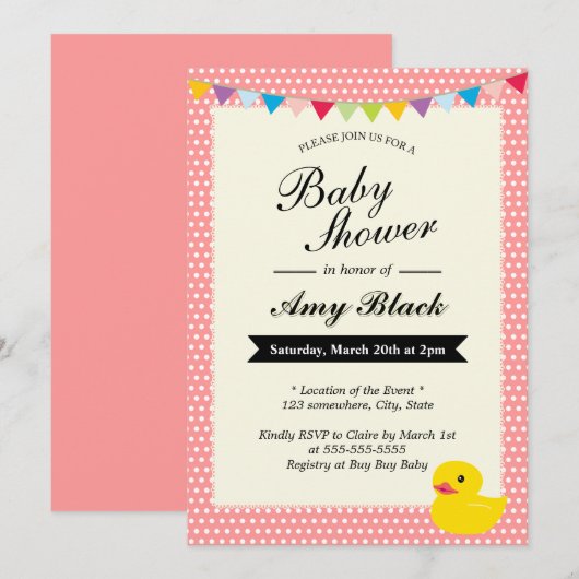 Rubber Duck Sweet Stippen Roze Baby shower Uitnodi Kaart (Voorkant / Achterkant)