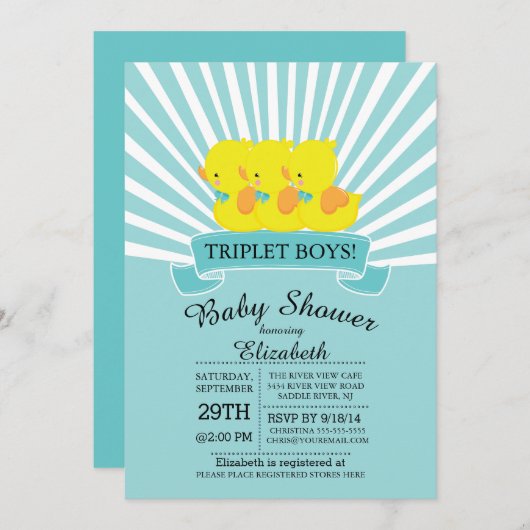 Rubber Duck Triplet Jongens Baby Douche Uitnodigin Kaart (Voorkant / Achterkant)