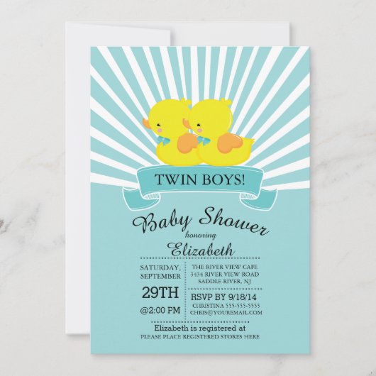 Rubber Duck Twin Boys Baby shower Uitnodiging (Voorkant)