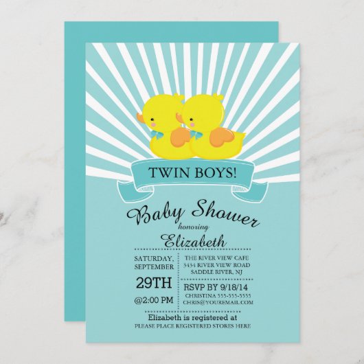 Rubber Duck Twin Boys Baby shower Uitnodiging (Voorkant / Achterkant)