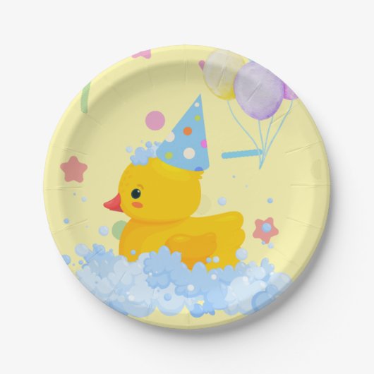 Rubber Duck Verjaardag met bubbels en Confetti Papieren Bordje (Voorkant)