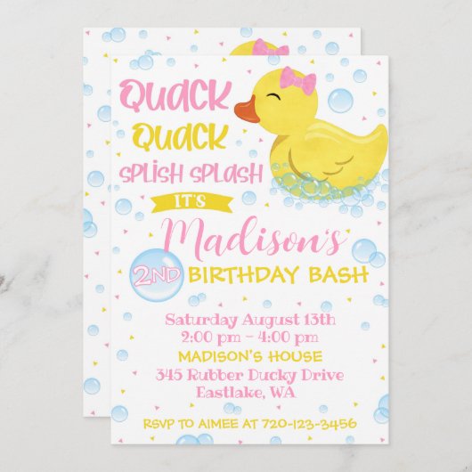 Rubber Duckie Verjaardag Uitnodiging, Rubber Ducky Kaart (Voorkant / Achterkant)