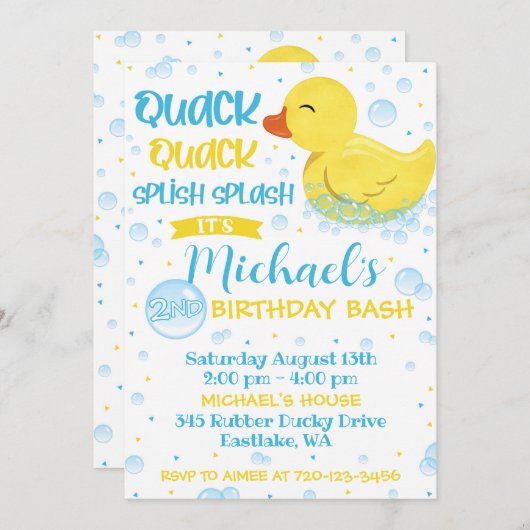 Rubber Duckie Verjaardag Uitnodiging, Rubber Ducky Kaart (Voorkant / Achterkant)