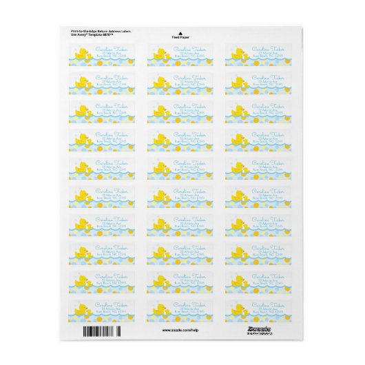 Rubber Ducky Baby shower Adreslabel blauw geel Etiket (Full Sheet)