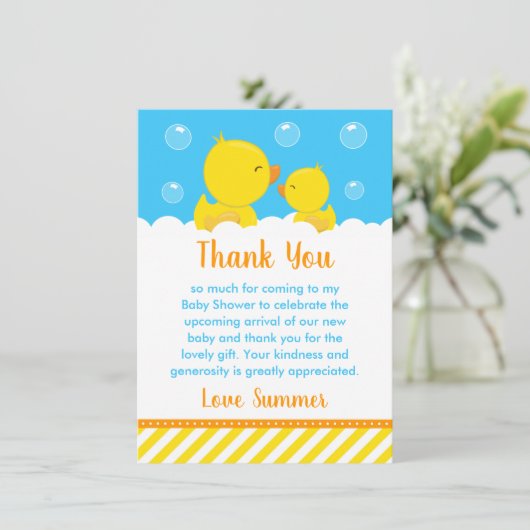 Rubber Ducky Baby shower Geel en Blauw Bedankkaart (Staand voorkant)