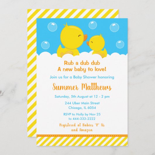 Rubber Ducky Baby shower Geel en Blauw Kaart (Voorkant / Achterkant)