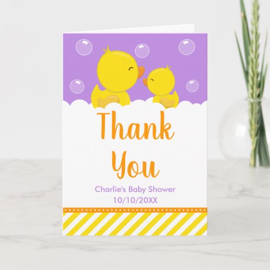 Rubber Ducky Baby shower Geel en Paars Bedankkaart (Voorkant)