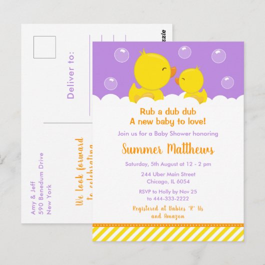 Rubber Ducky Baby shower Geel en Paars Briefkaart (Voorkant / Achterkant)