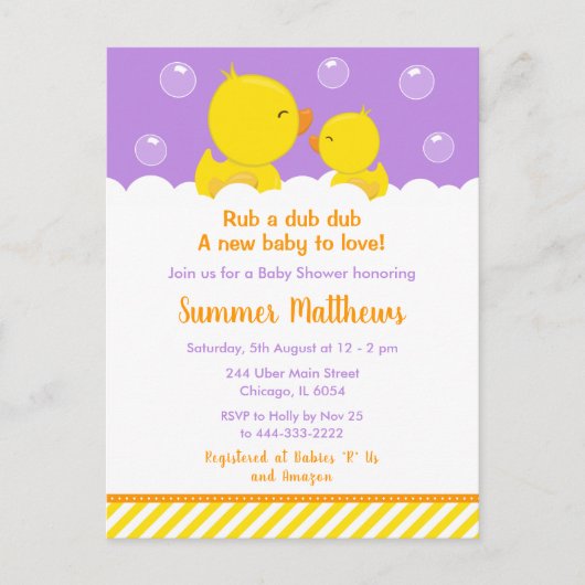 Rubber Ducky Baby shower Geel en Paars Briefkaart (Voorkant)