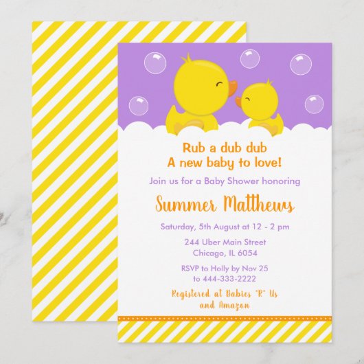 Rubber Ducky Baby shower Geel en Paars Kaart (Voorkant / Achterkant)