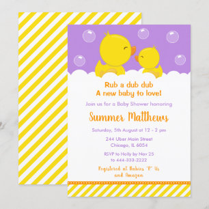 Rubber Ducky Baby shower Geel en Paars Kaart