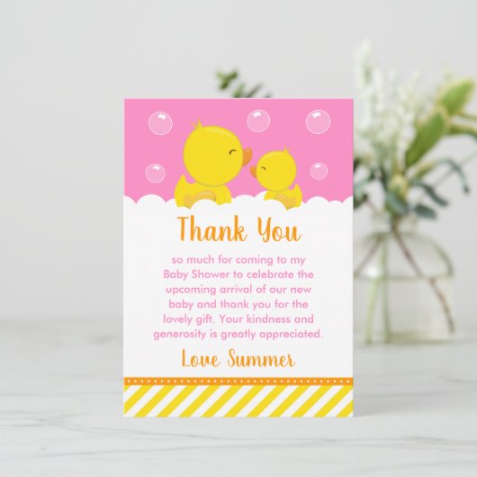 Rubber Ducky Baby shower Geel en Roze Bedankkaart (Staand voorkant)