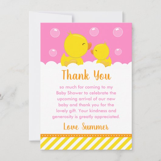 Rubber Ducky Baby shower Geel en Roze Bedankkaart (Voorkant)