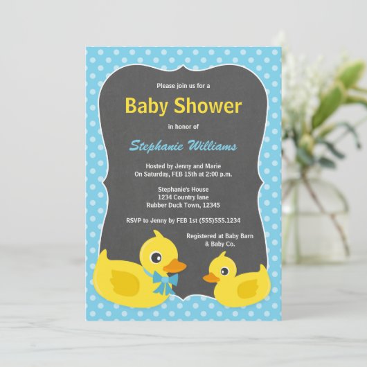 Rubber Ducky Baby shower Invitation Blue & Yellow Kaart (Staand voorkant)