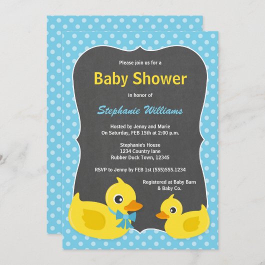 Rubber Ducky Baby shower Invitation Blue & Yellow Kaart (Voorkant / Achterkant)